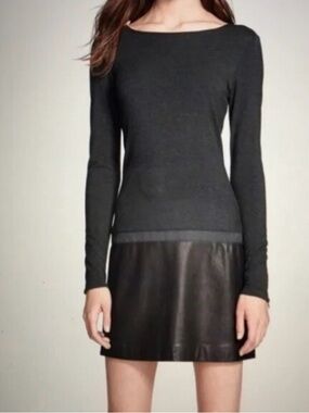 Theory Charcoal Grey Stretch Knit Dress w/ Leather Drop Bottom. Size S